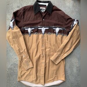 Brown, Tan Western button down Shirt with cow skull pattern Pearlized buttons